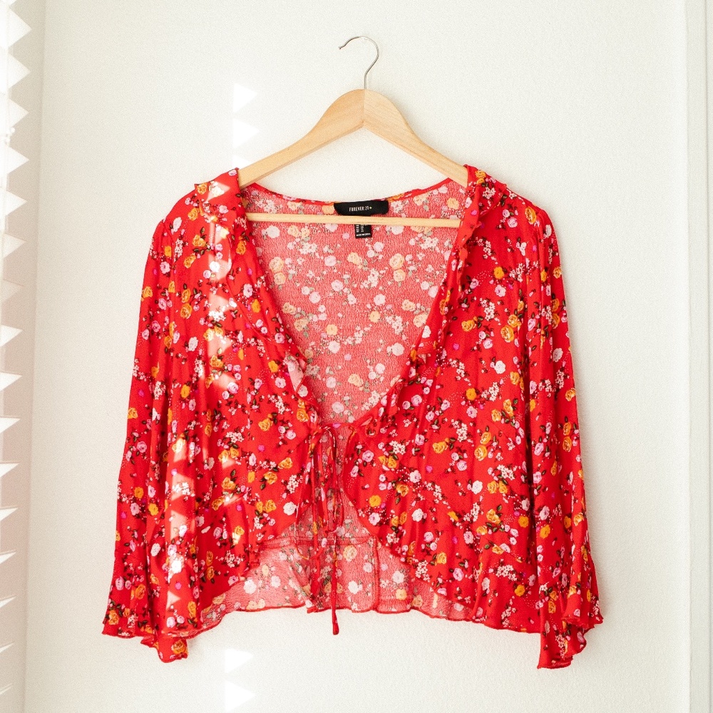 Forever 21 Red Crop Ruffle Front Tie Top